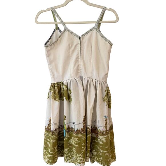 Vintage 70s Handmade Flavia Print Sundress Women’s Cream Green Fit & Flare Dress - Picture 2 of 16